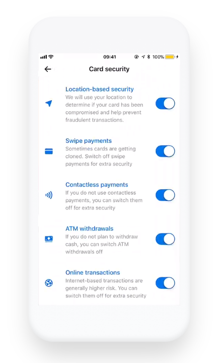 All Revolut Security Card Options: Location-Based security, swipe payments, contactless payments, ATM Withdrawals, Online Transaction