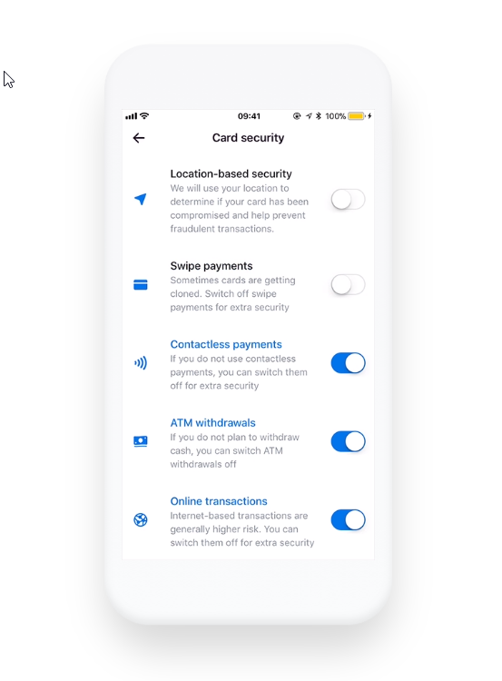 Revolut Security Card Select Options : Choose between Location-Based security, swipe payments, contactless payments, ATM Withdrawals, Online Transaction